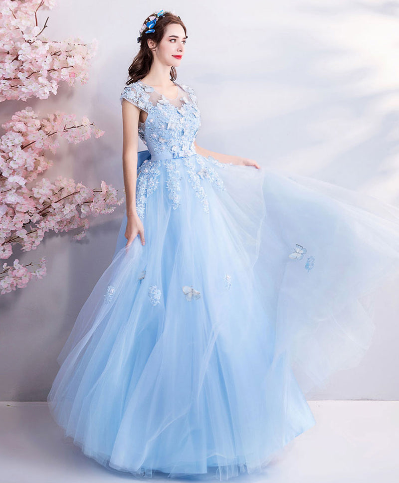 Sky Blue Lace Tulle Long Prom Dress, Blue Evening Dress – shopluu